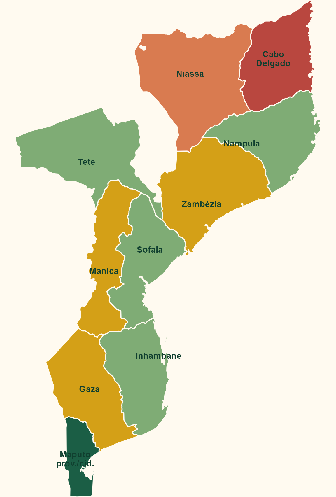 Mapa de Moçambique com classificação operacional de sinal digital esperado por província.
